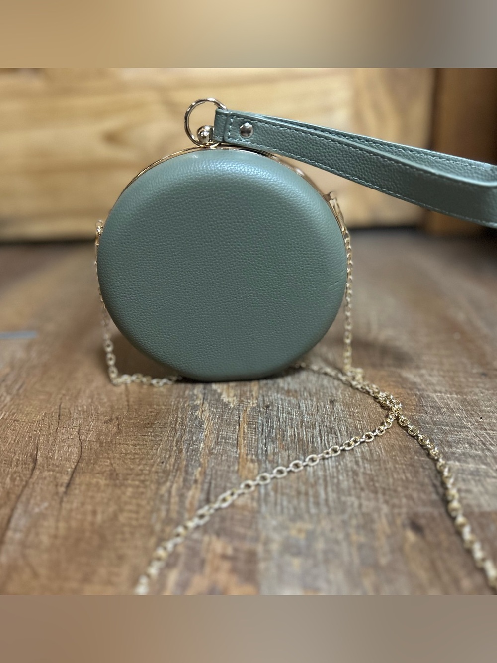 Olive Green Round Wristlet Clutch with Gold Chain. 6” Diameter